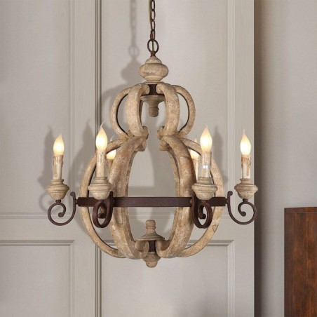 Lampada a sospensione retrò nordica in legno e ferro, 6 luci E12/E14, 69x76 cm