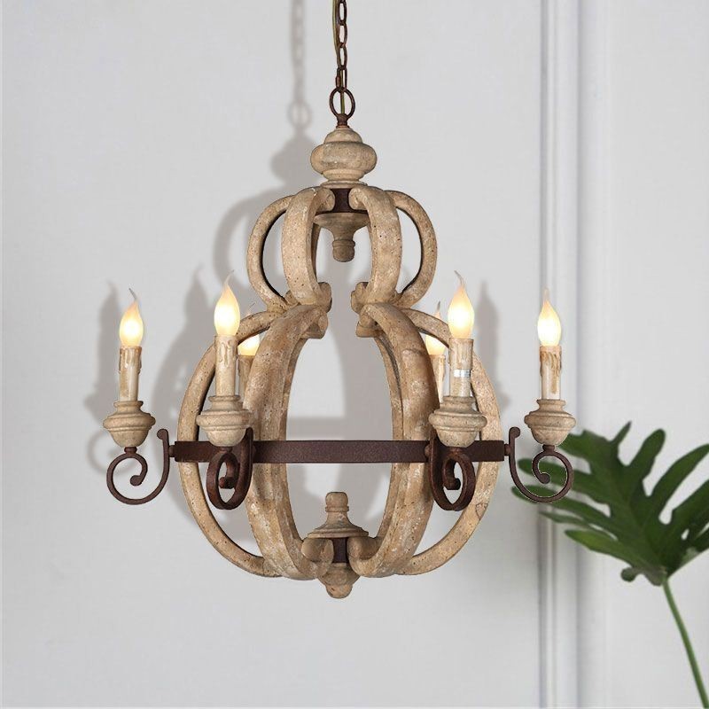Lampada a sospensione retrò nordica in legno e ferro, 6 luci E12/E14, 69x76 cm