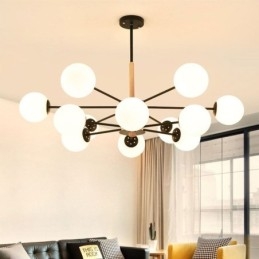 Lampada a sospensione nordica in legno e ferro Magic Bean, paralume in vetro, 6/8/12/16 luci