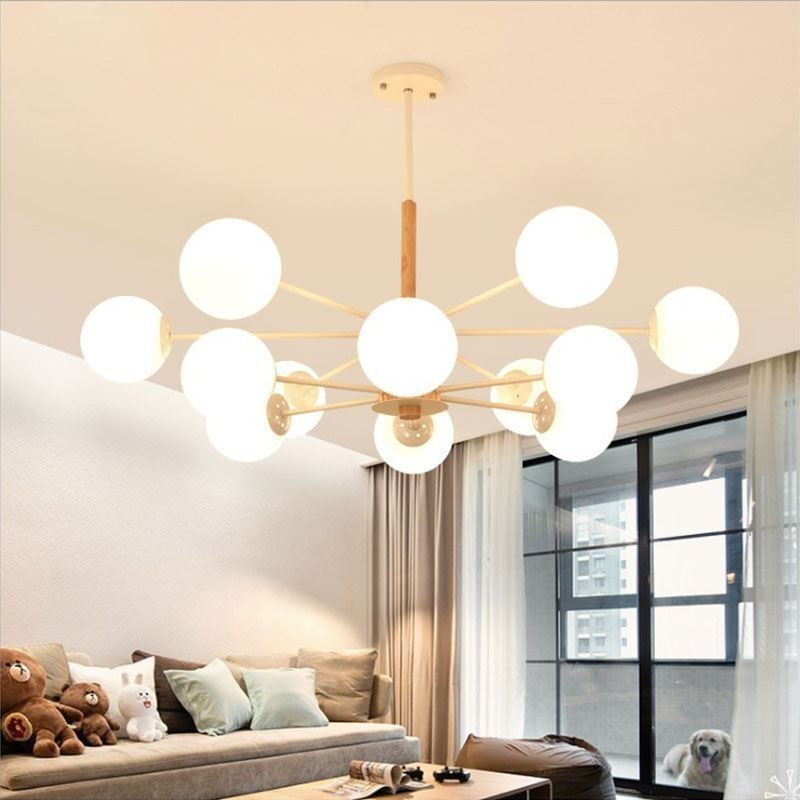 Lampada a sospensione nordica in legno e ferro Magic Bean, paralume in vetro, 6/8/12/16 luci