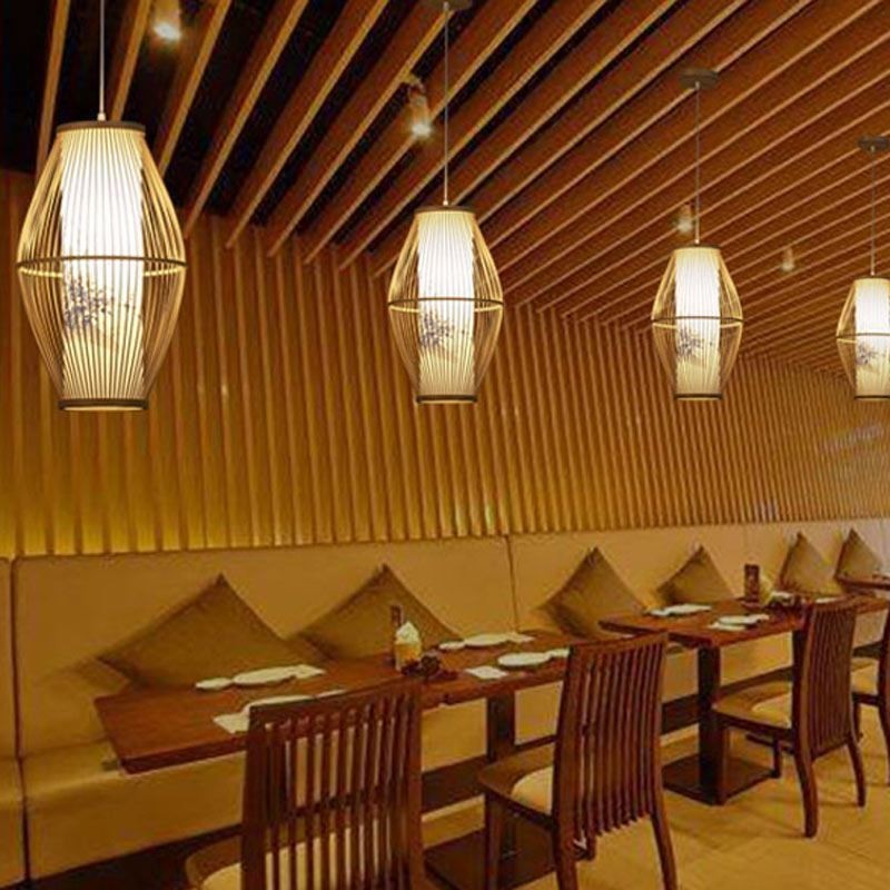 Lampada a sospensione in bambù fatta a mano, 1 luce, E26/E27, cavo 140 cm regolabile