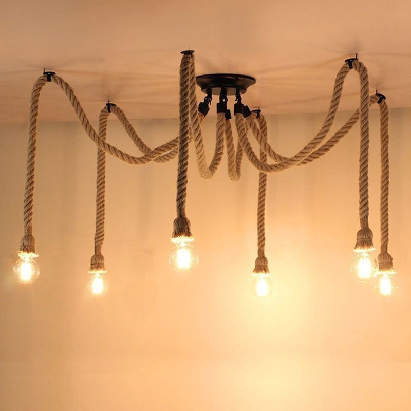 Lampadario a sospensione in corda di canapa stile vintage, 6 o 10 teste, E26/E27