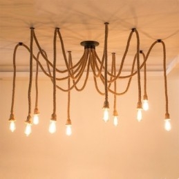 Lampadario a sospensione in corda di canapa stile vintage, 6 o 10 teste, E26/E27