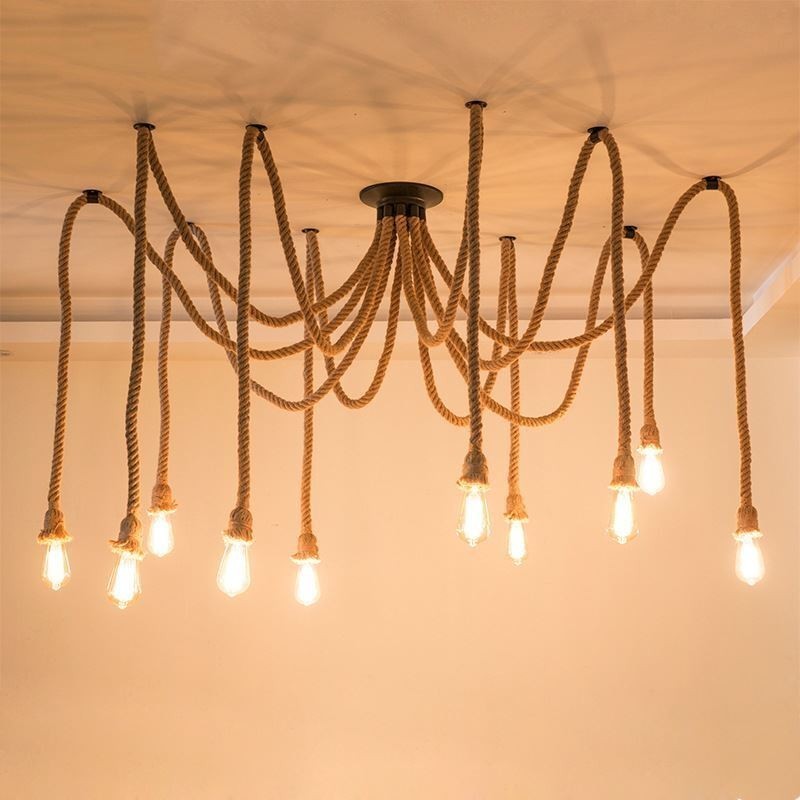 Lampadario a sospensione in corda di canapa stile vintage, 6 o 10 teste, E26/E27
