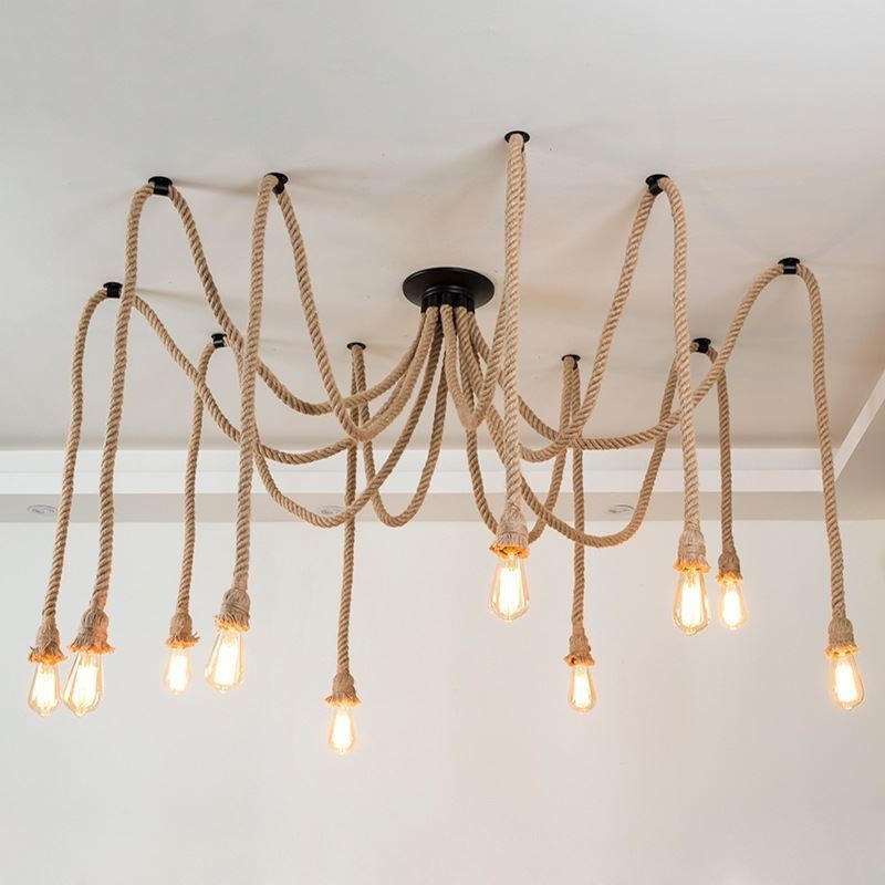 Lampadario a sospensione in corda di canapa stile vintage, 6 o 10 teste, E26/E27