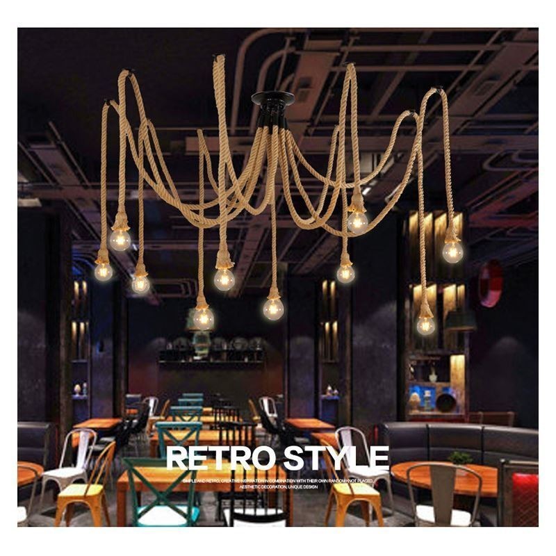 Lampadario a sospensione in corda di canapa stile vintage, 6 o 10 teste, E26/E27