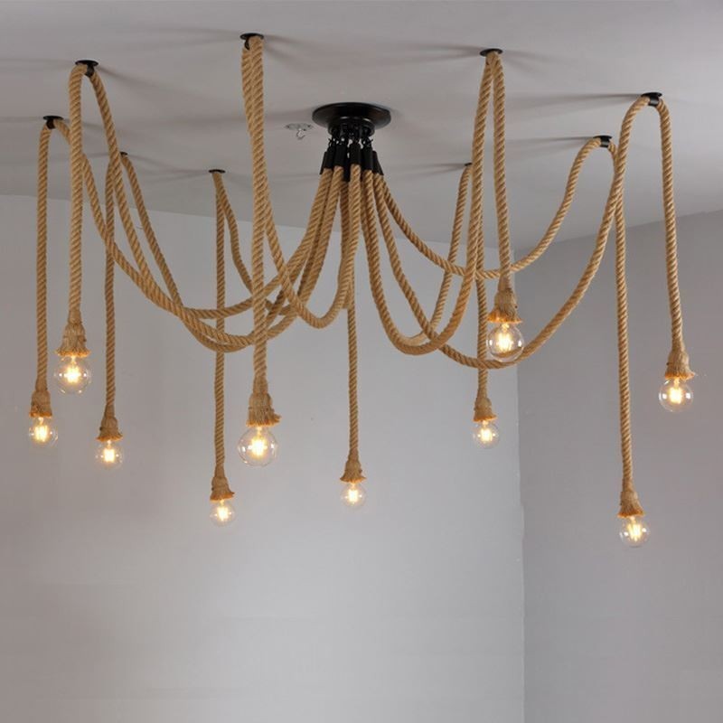 Lampadario a sospensione in corda di canapa stile vintage, 6 o 10 teste, E26/E27