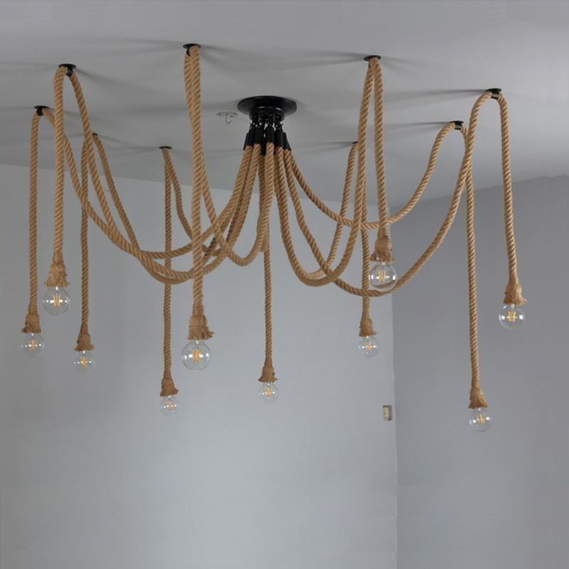 Lampadario a sospensione in corda di canapa stile vintage, 6 o 10 teste, E26/E27