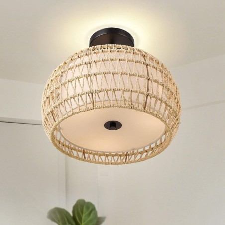Lampada a soffitto rotonda in corda di carta e tessuto, 32 cm, 3 luci