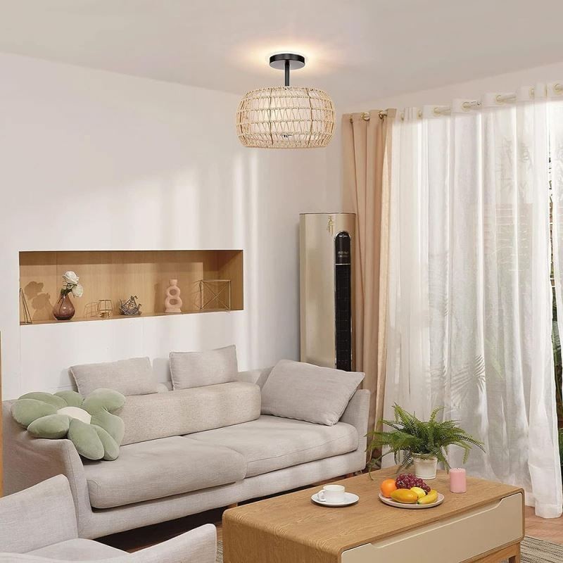 Lampada a soffitto rotonda in corda di carta e tessuto, 32 cm, 3 luci
