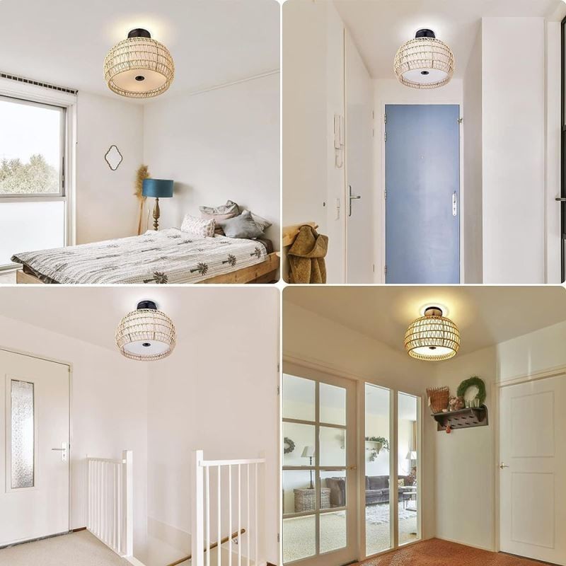 Lampada a soffitto rotonda in corda di carta e tessuto, 32 cm, 3 luci