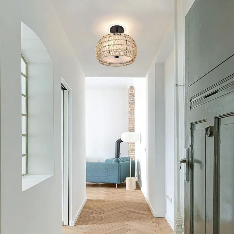 Lampada a soffitto rotonda in corda di carta e tessuto, 32 cm, 3 luci