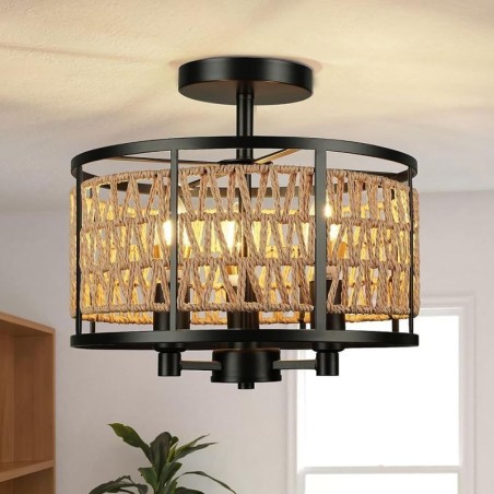 Lampada da soffitto retrò in ferro nero con corda di carta, 3 luci