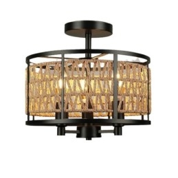 Lampada da soffitto retrò in ferro nero con corda di carta, 3 luci