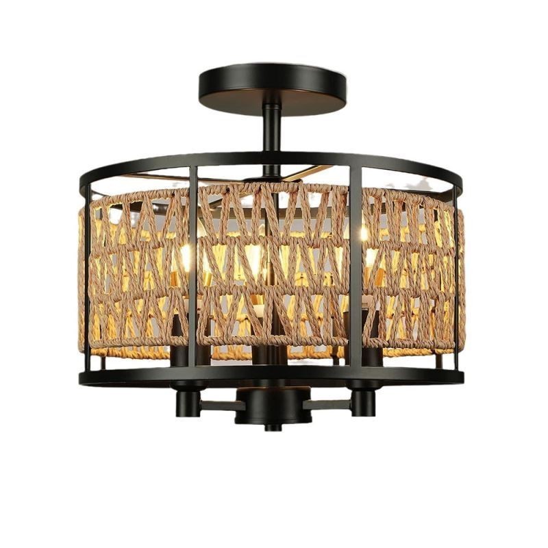 Lampada da soffitto retrò in ferro nero con corda di carta, 3 luci