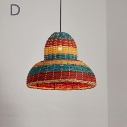 Lampada a sospensione in bambù e rattan intrecciato a mano con strisce colorate