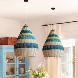 Lampada a sospensione in bambù e rattan intrecciato a mano a strisce
