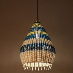 Lampada a sospensione in bambù e rattan intrecciato a mano a strisce