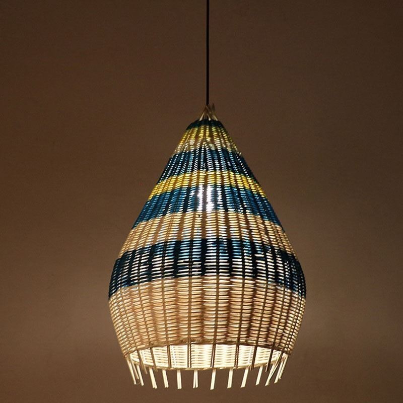 Lampada a sospensione in bambù e rattan intrecciato a mano a strisce