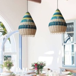 Lampada a sospensione in bambù e rattan intrecciato a mano a strisce