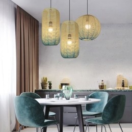 Lampada a sospensione in corda di carta blu sfumato stile country retrò