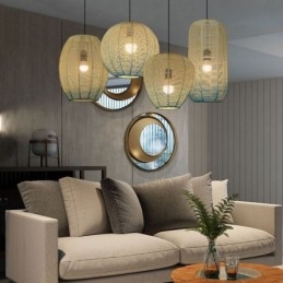 Lampada a sospensione in corda di carta blu sfumato stile country retrò