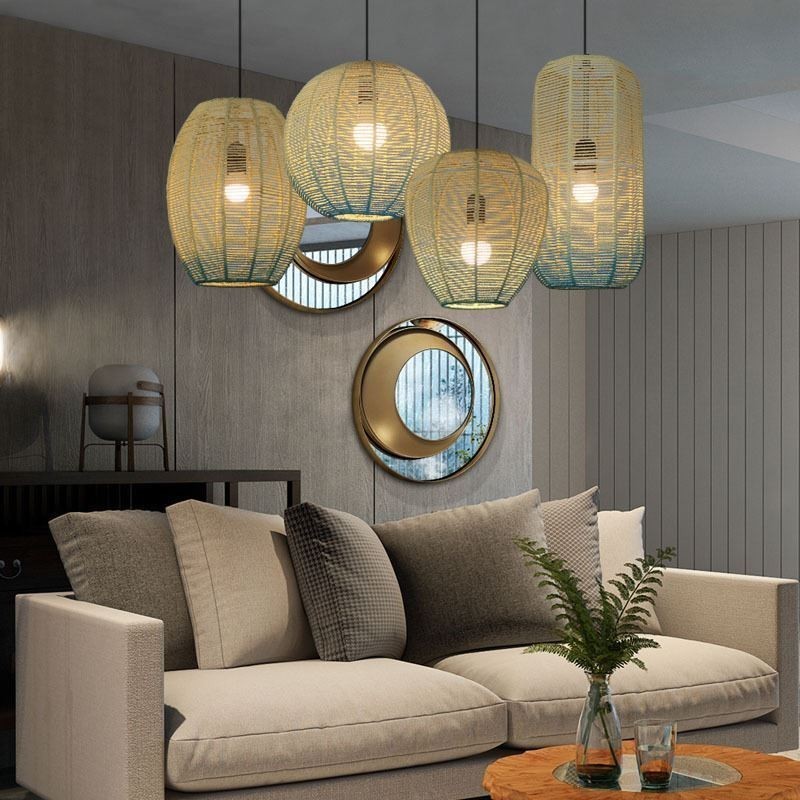 Lampada a sospensione in corda di carta blu sfumato stile country retrò