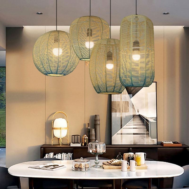 Lampada a sospensione in corda di carta blu sfumato stile country retrò