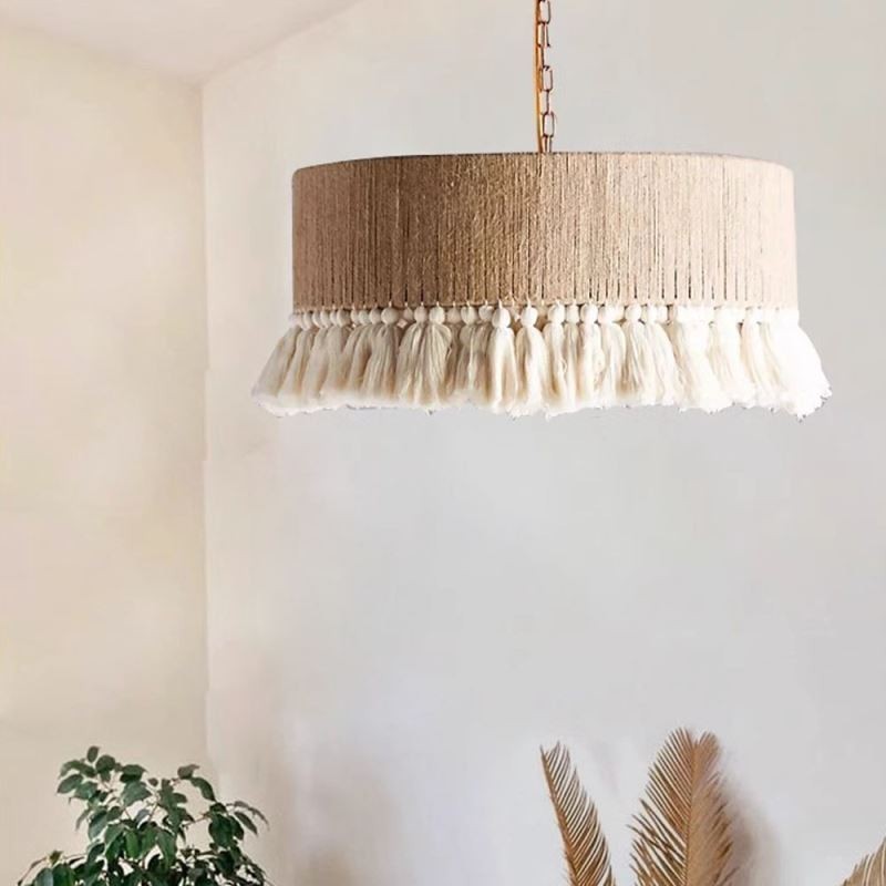 Lampada a sospensione bohémien retrò in corda di canapa e cotone, 40x27 cm