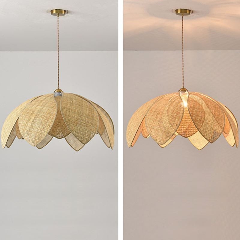 Lampada a sospensione in rattan Lotus Cafe, paralume in bambù e glicine, cavo regolabile 100 cm