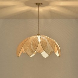 Lampada a sospensione in rattan Lotus Cafe, paralume in bambù e glicine, cavo regolabile 100 cm