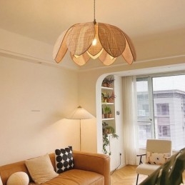 Lampada a sospensione in rattan Lotus Cafe, paralume in bambù e glicine, cavo regolabile 100 cm