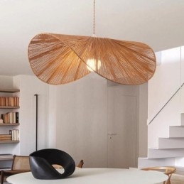 Lampada a sospensione retrò Wabi Sabi in corda di canapa, cappello di paglia, 60 cm