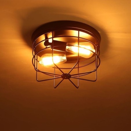 Lampada da soffitto industriale in ferro a gabbia, vintage, montaggio a filo, 2 luci, 28 x 17 cm
