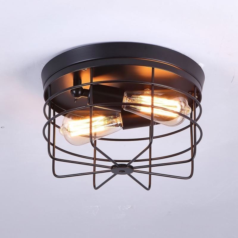 Lampada da soffitto industriale in ferro a gabbia, vintage, montaggio a filo, 2 luci, 28 x 17 cm
