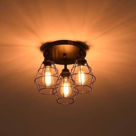 Lampada da soffitto industriale a montaggio a filo a 3 luci in metallo con gabbia