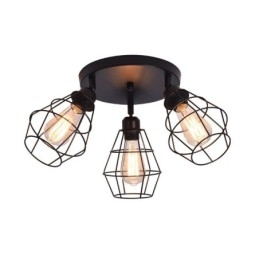 Lampada da soffitto industriale a montaggio a filo a 3 luci in metallo con gabbia