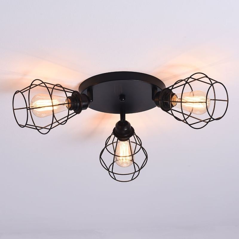 Lampada da soffitto industriale a montaggio a filo a 3 luci in metallo con gabbia