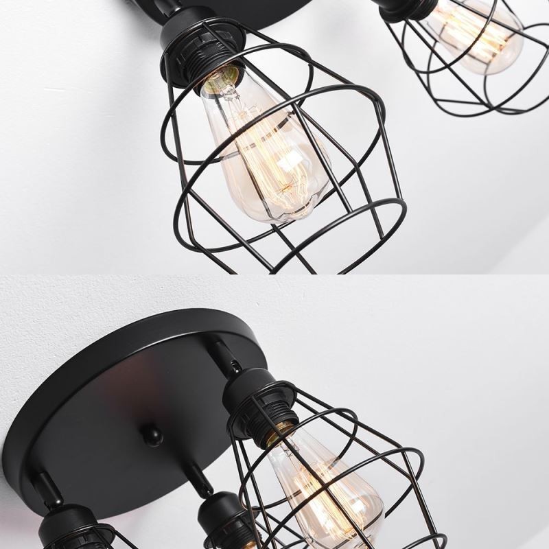 Lampada da soffitto industriale a montaggio a filo a 3 luci in metallo con gabbia