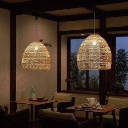Lampada a sospensione in rattan intrecciato a mano, stile rustico, cavo regolabile