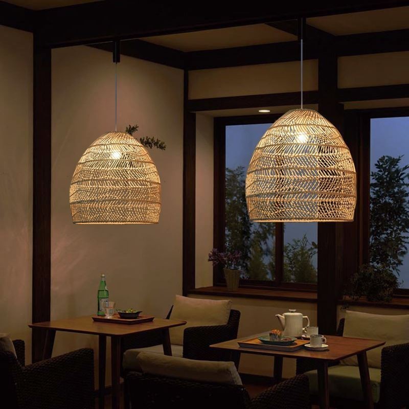 Lampada a sospensione in rattan intrecciato a mano, stile rustico, cavo regolabile