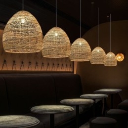 Lampada a sospensione in rattan intrecciato a mano, stile rustico, cavo regolabile