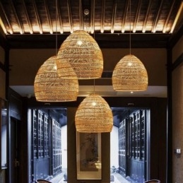 Lampada a sospensione in rattan intrecciato a mano, stile rustico, cavo regolabile