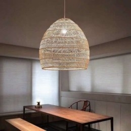 Lampada a sospensione in rattan intrecciato a mano, stile rustico, cavo regolabile