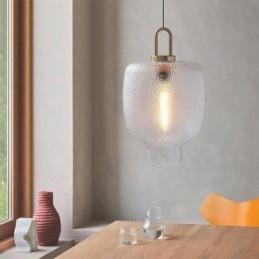 Lampada a sospensione in vetro smerigliato con struttura in ferro, moderna e minimalista