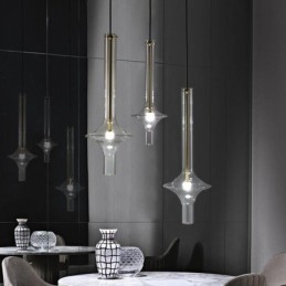 Lampada a sospensione moderna minimalista in tubo di vetro e ferro battuto