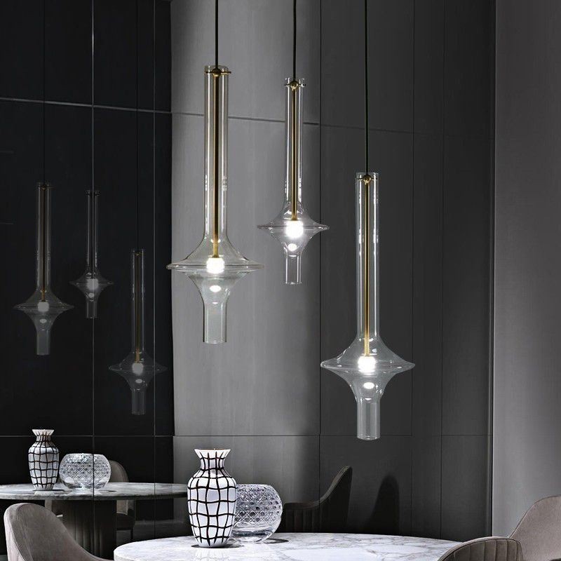 Lampada a sospensione moderna minimalista in tubo di vetro e ferro battuto