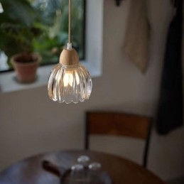 Lampada a sospensione in vetro stile pastorale retrò con supporto in legno di gomma
