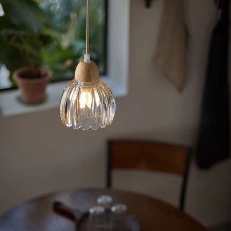 Lampada a sospensione in vetro stile pastorale retrò con supporto in legno di gomma