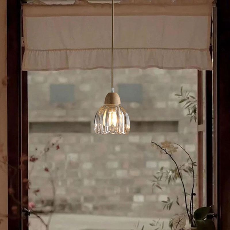 Lampada a sospensione in vetro stile pastorale retrò con supporto in legno di gomma
